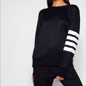 Boohoo Black Sweatshirt, White Stripes, Sz 4